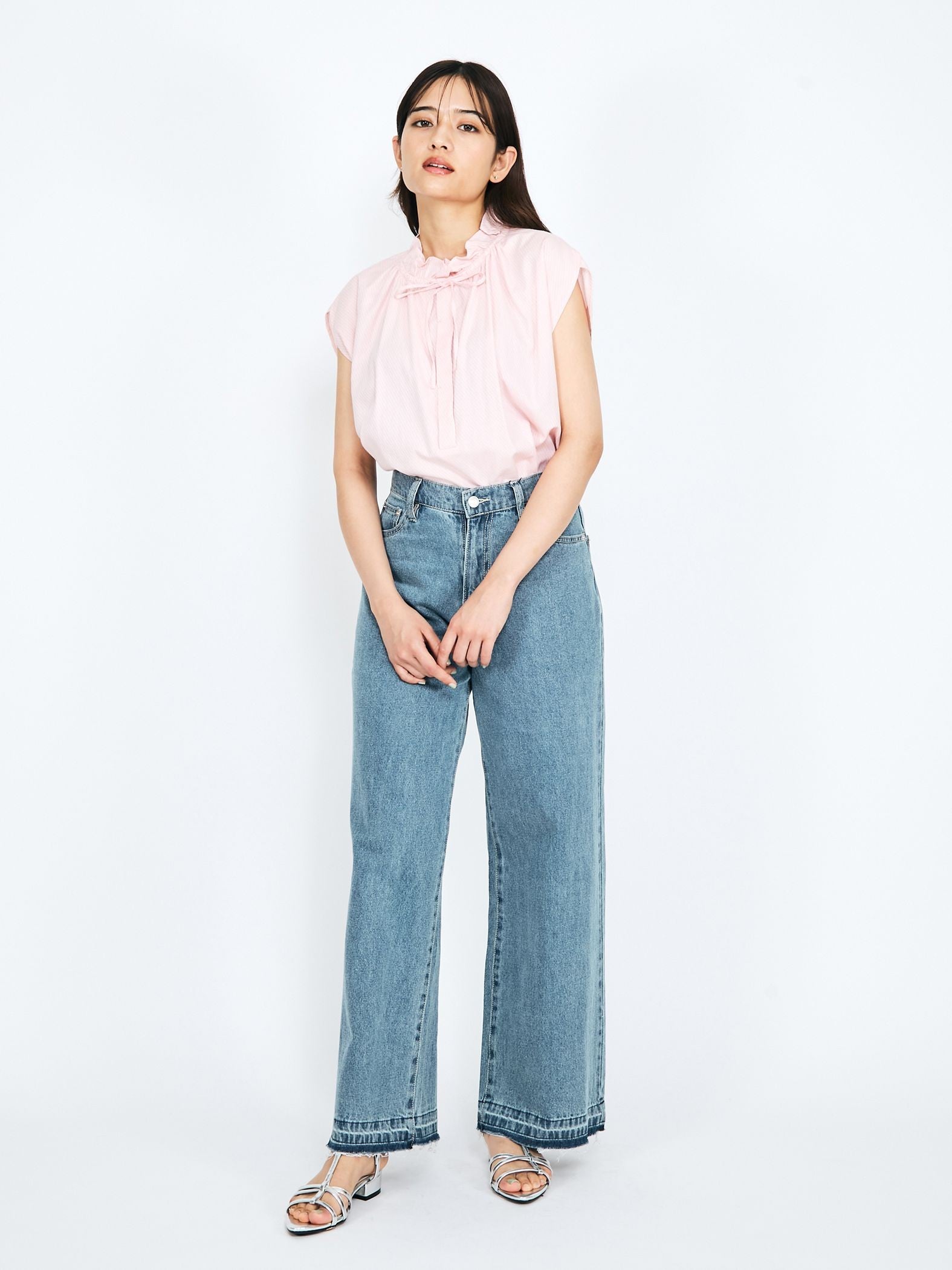 紐ベルト付デニムワイドパンツ≪手洗い可能≫