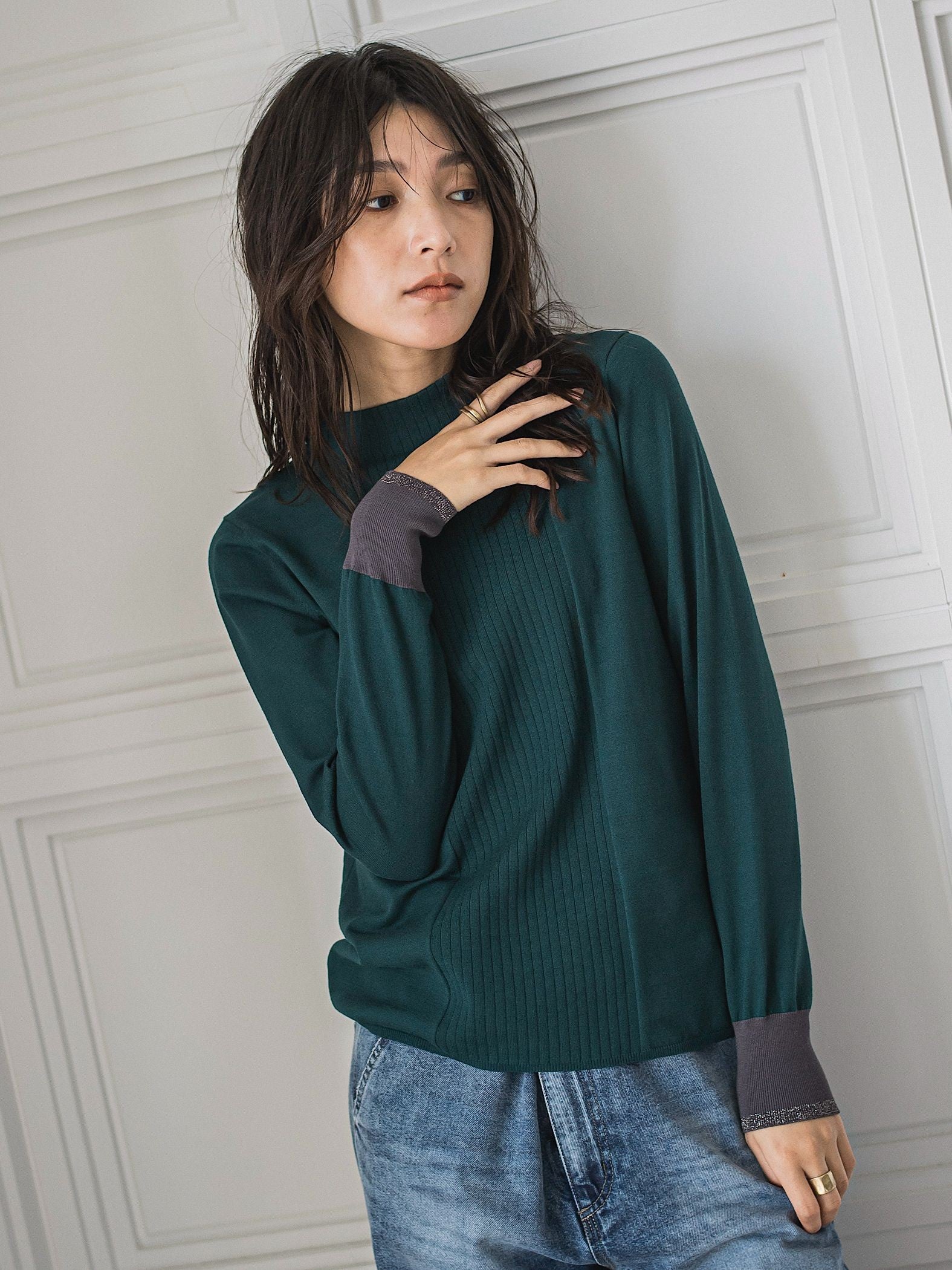 ボトルネック配色ニットプルオーバー≪手洗い可能≫