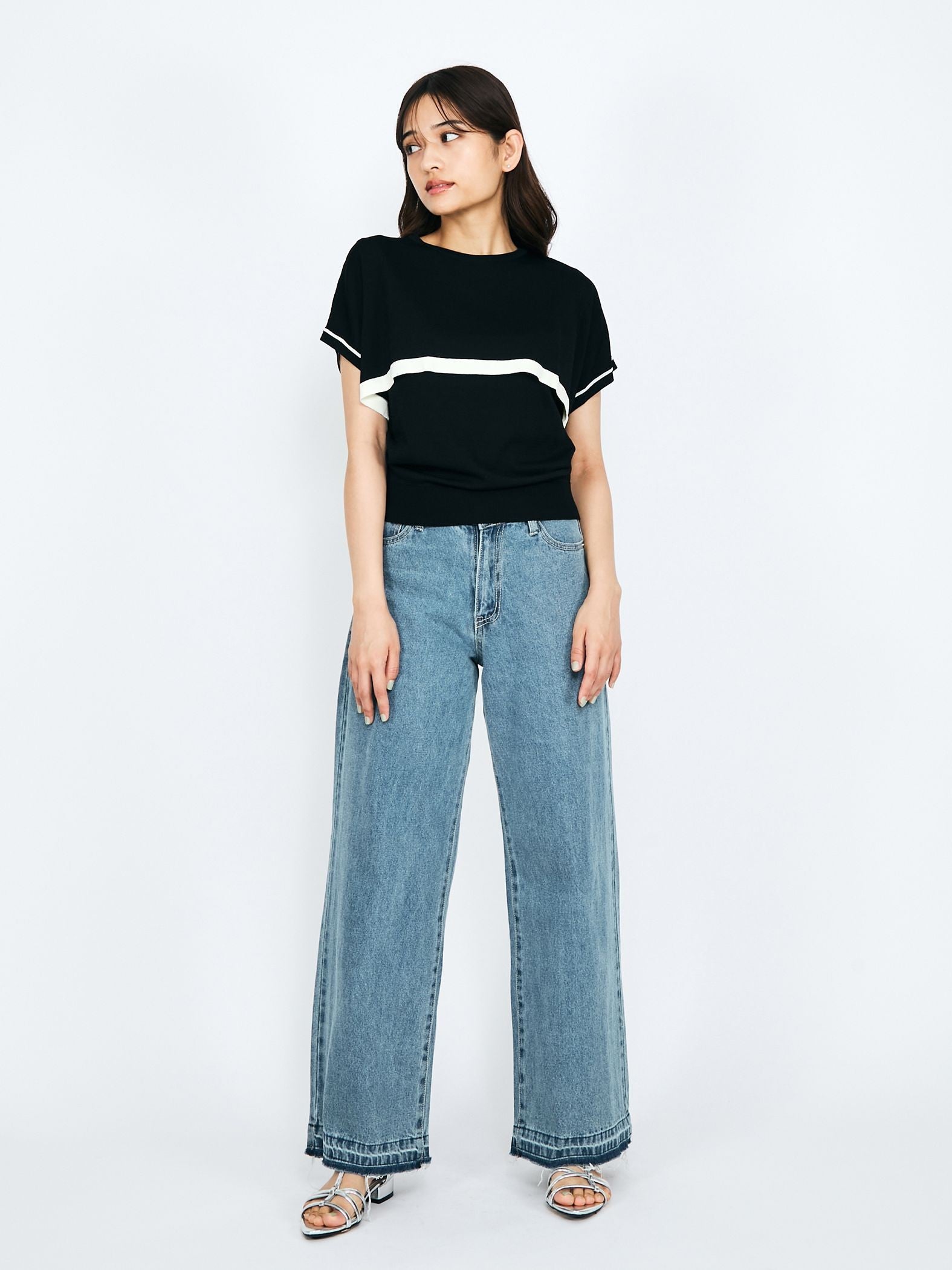 紐ベルト付デニムワイドパンツ≪手洗い可能≫