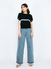 紐ベルト付デニムワイドパンツ≪手洗い可能≫