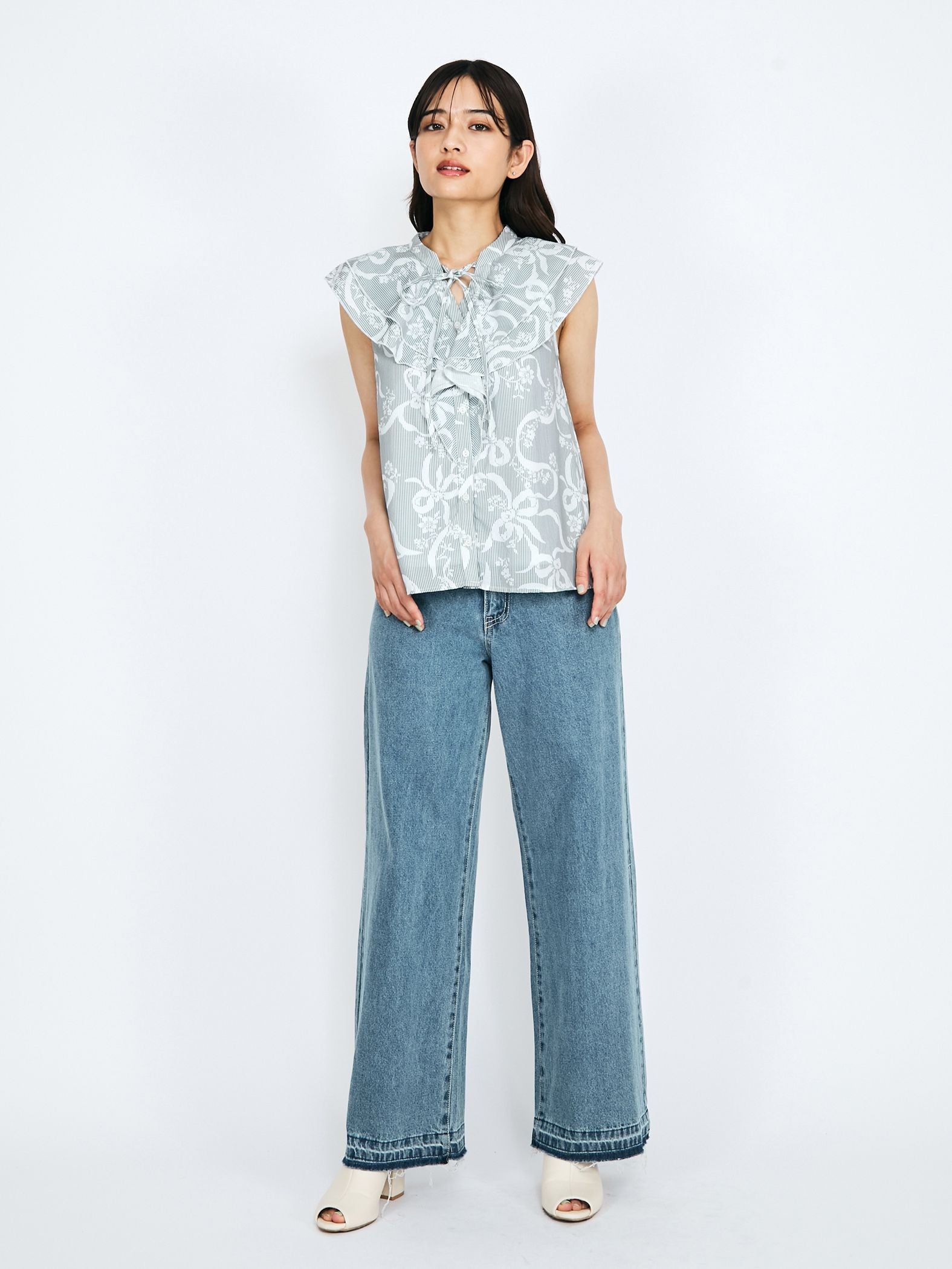 紐ベルト付デニムワイドパンツ≪手洗い可能≫