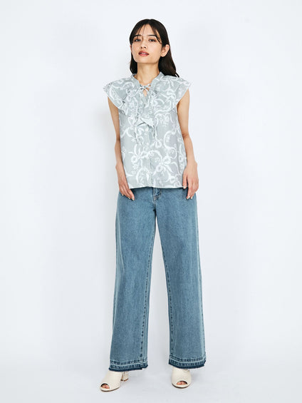 紐ベルト付デニムワイドパンツ≪手洗い可能≫
