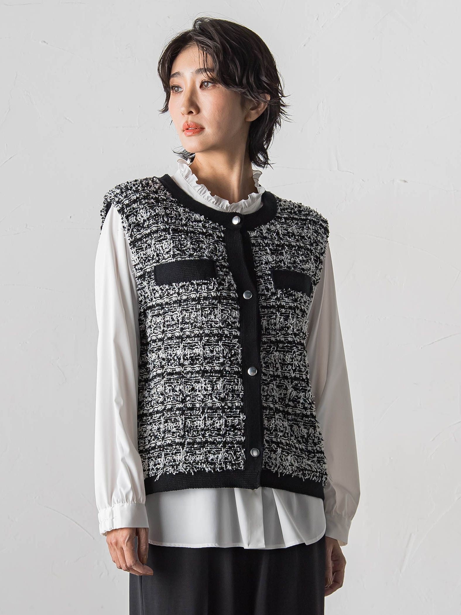 【大きいサイズ】ファンシーツイードニットジレ