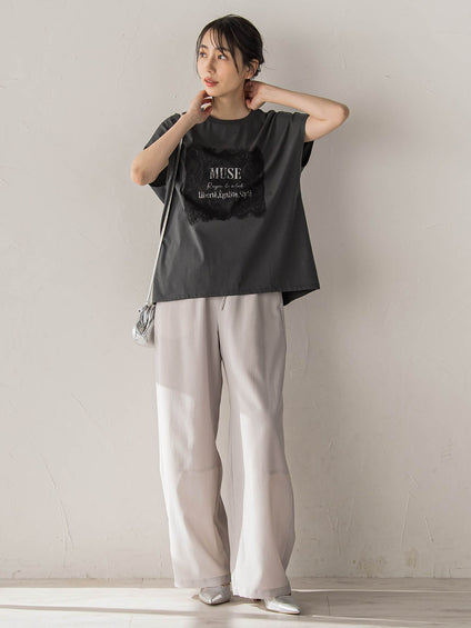 レースたたき付けプリントTシャツ