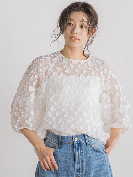 Flower Jacquardブラウス≪洗濯機で洗える≫