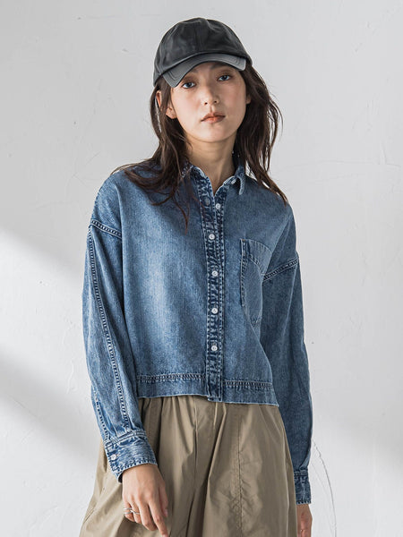 ラウンドヘムデニムクロップドシャツ