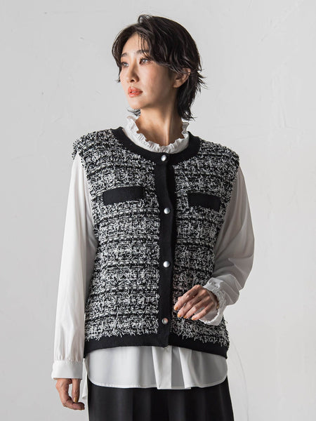 【大きいサイズ】ファンシーツイードニットジレ