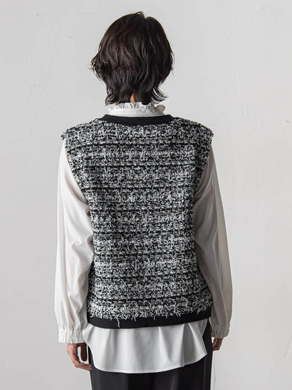 【大きいサイズ】ファンシーツイードニットジレ