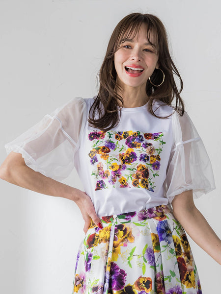 【KEITA KAWASAKI × Viaggio Bluコラボ】袖チュールプリントTシャツ