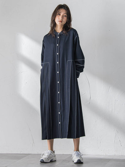 配色ステッチシャンブレーサイドプリーツワンピース≪手洗い可能≫