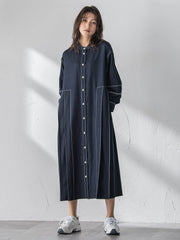 配色ステッチシャンブレーサイドプリーツワンピース≪手洗い可能≫