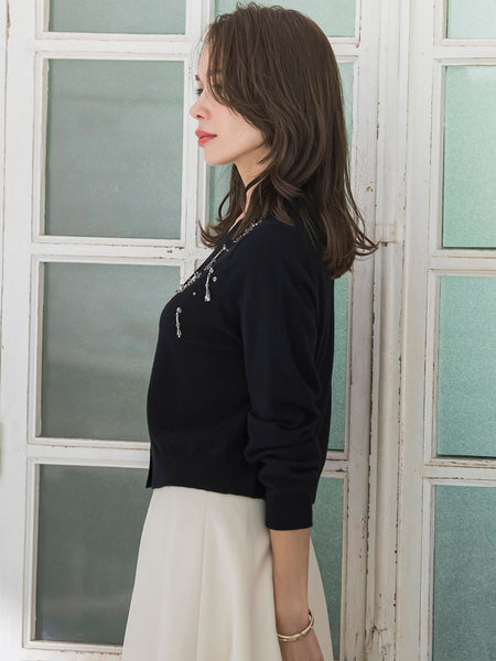 Vネックビジューカーディガン≪手洗い可能≫