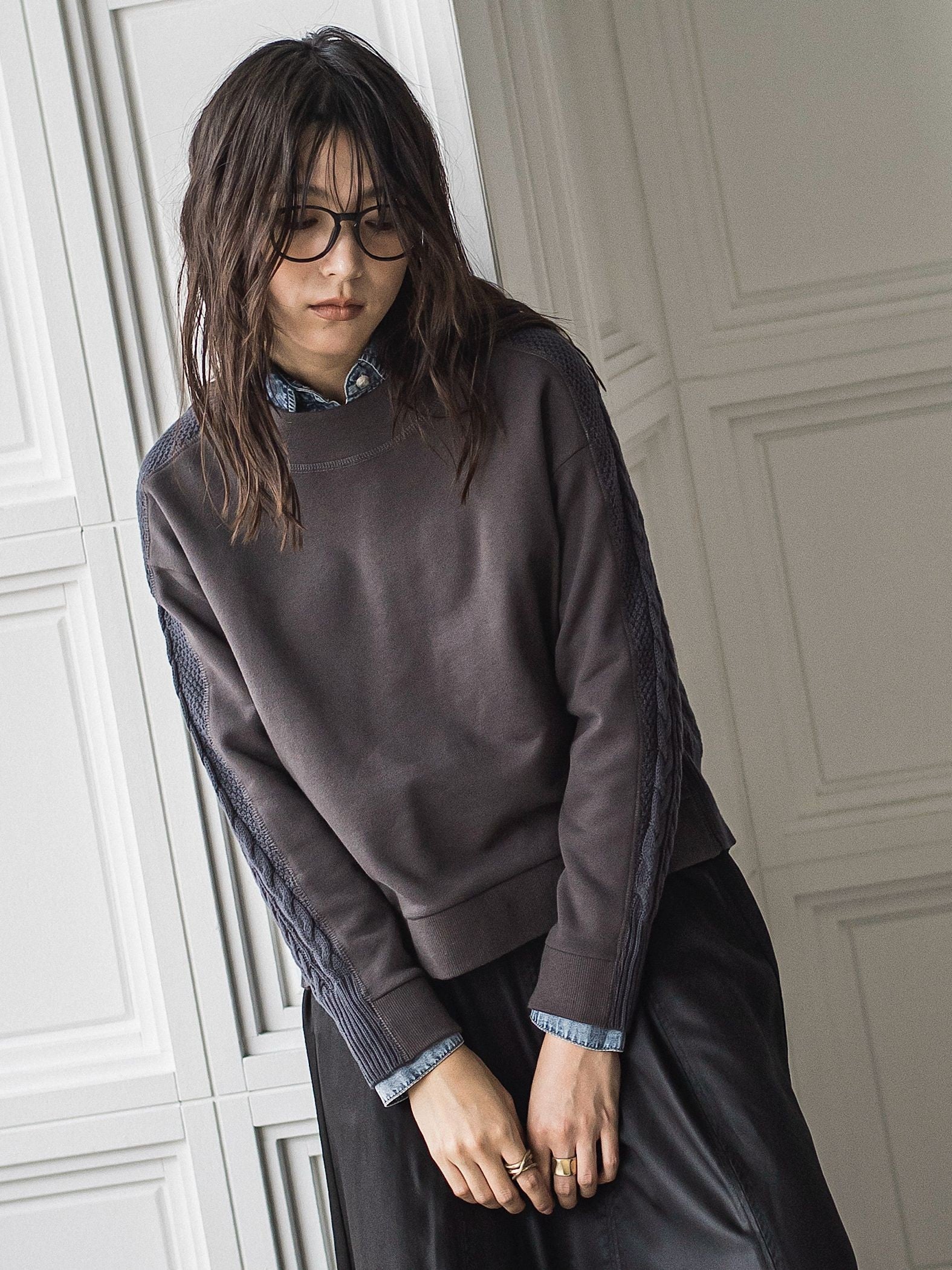 【WEB限定】裏毛×ニット前後ドッキングプルオーバー≪手洗い可能≫