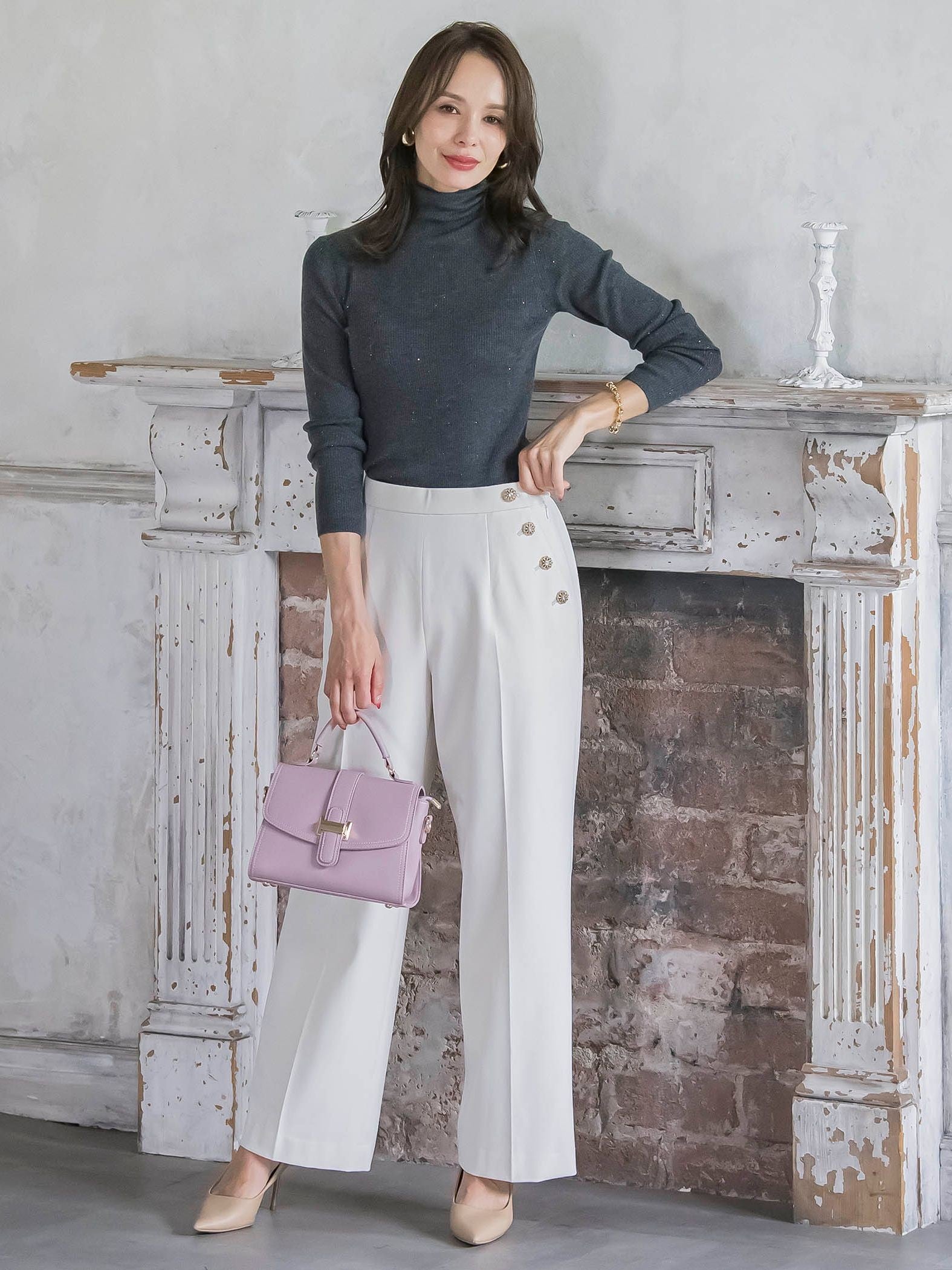 キラキラボタンワイドパンツ≪手洗い可能≫