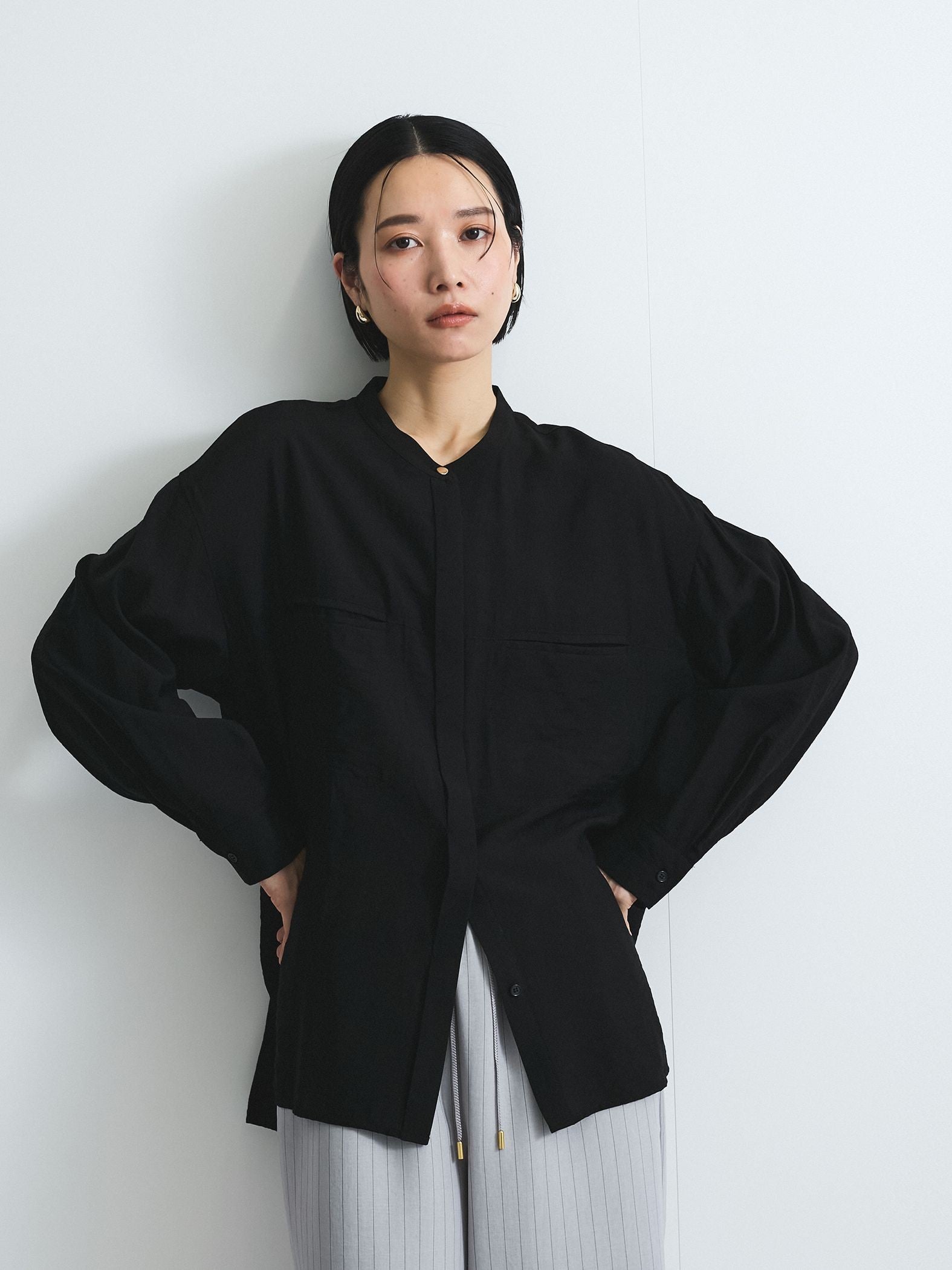 レーヨンヴィンテージバンドカラーシャツ≪手洗い可能≫