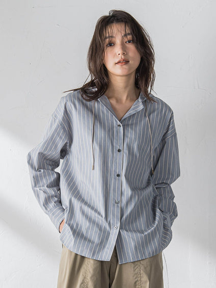 ストライプフーディオーバーシャツ≪手洗い可能≫