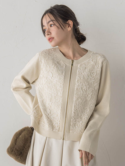 オーガンジー刺繍ミラノリブブルゾン≪手洗い可能≫