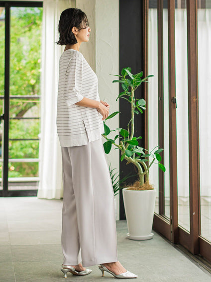 【大きいサイズ】Tシャツ風ボーダーニットプルオーバー≪手洗い可能≫