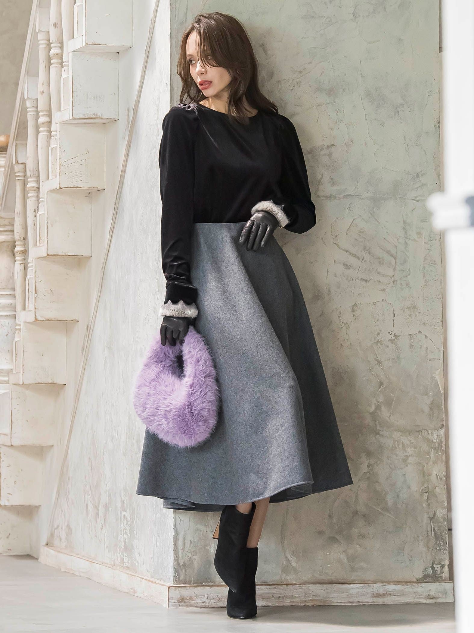 パフ袖ベロアカットソー≪手洗い可能≫