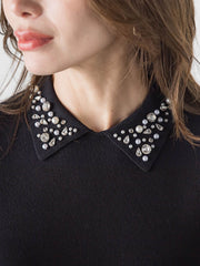 襟ビジューニット≪手洗い可能≫