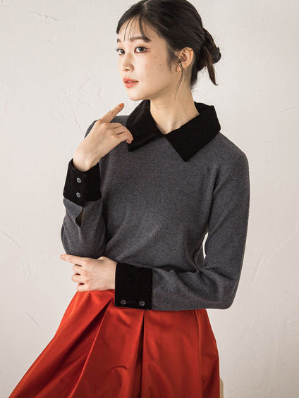 ベロア襟付きニット≪手洗い可能≫