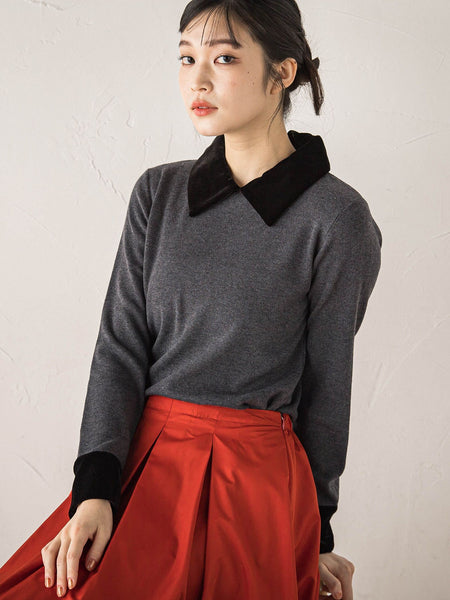 ベロア襟付きニット≪手洗い可能≫