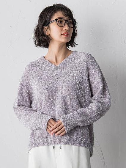 【大きいサイズ】ツヤモールVネックニット