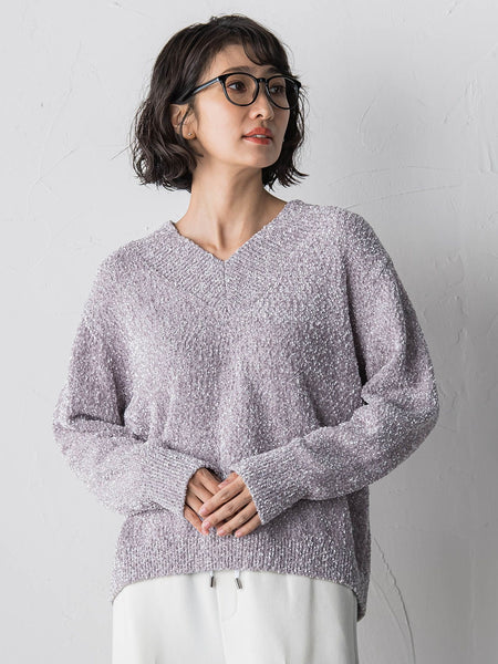 【大きいサイズ】ツヤモールVネックニット