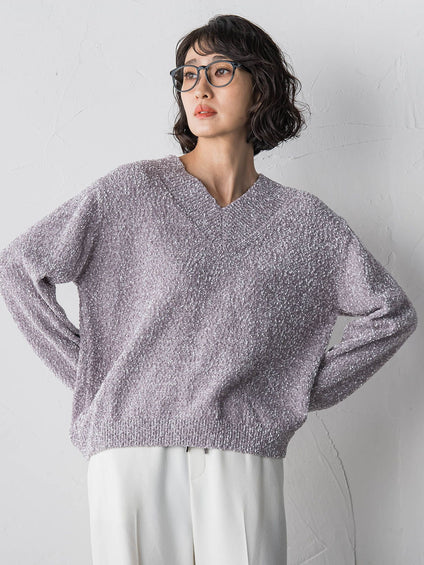 【大きいサイズ】ツヤモールVネックニット