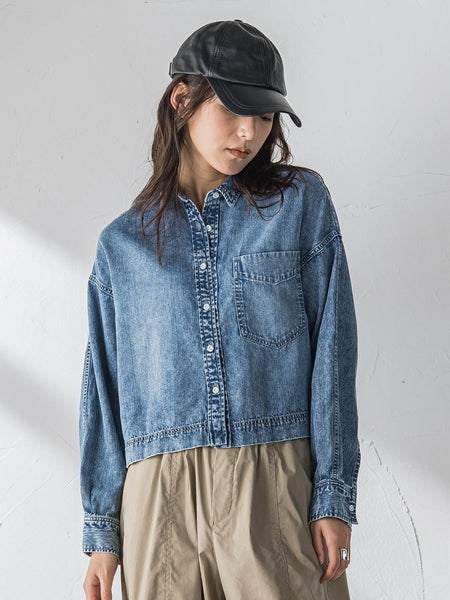 ラウンドヘムデニムクロップドシャツ