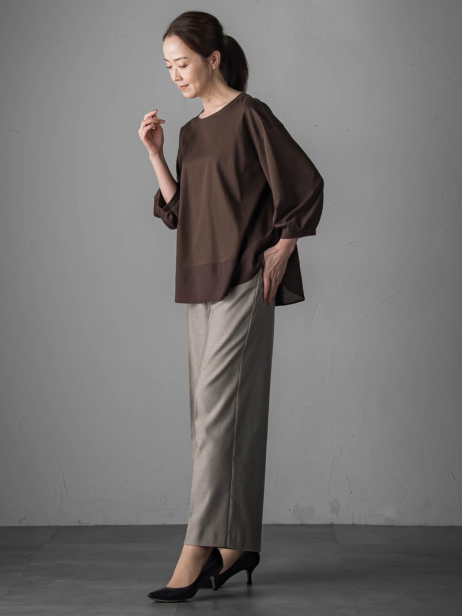 【大きいサイズ】キラメキストレッチワイドパンツ≪洗濯機で洗える≫