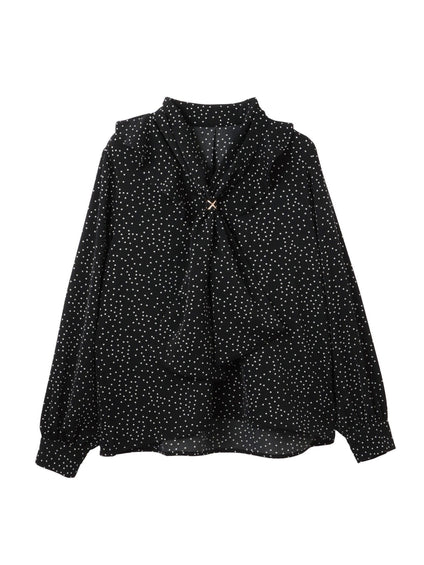 デシンVネックフリルドットボウタイブラウス