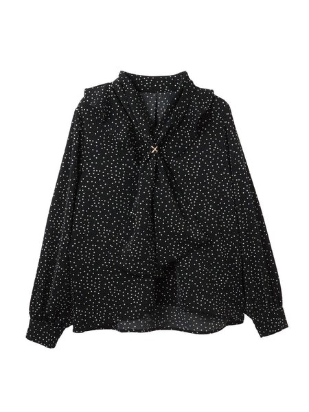 デシンVネックフリルドットボウタイブラウス