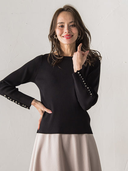 袖フリルパールリブニット