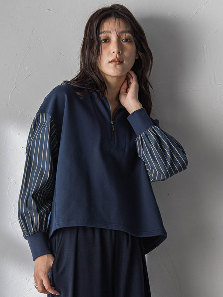 ストライプスリーブハーフジッププルオーバー≪手洗い可能≫