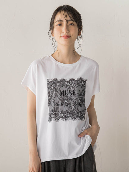 レースたたき付けプリントTシャツ