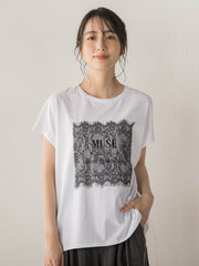 レースたたき付けプリントTシャツ