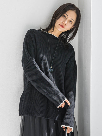 刺繍トリムハイネックニット≪洗える≫