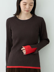 クルーネック配色リブニット