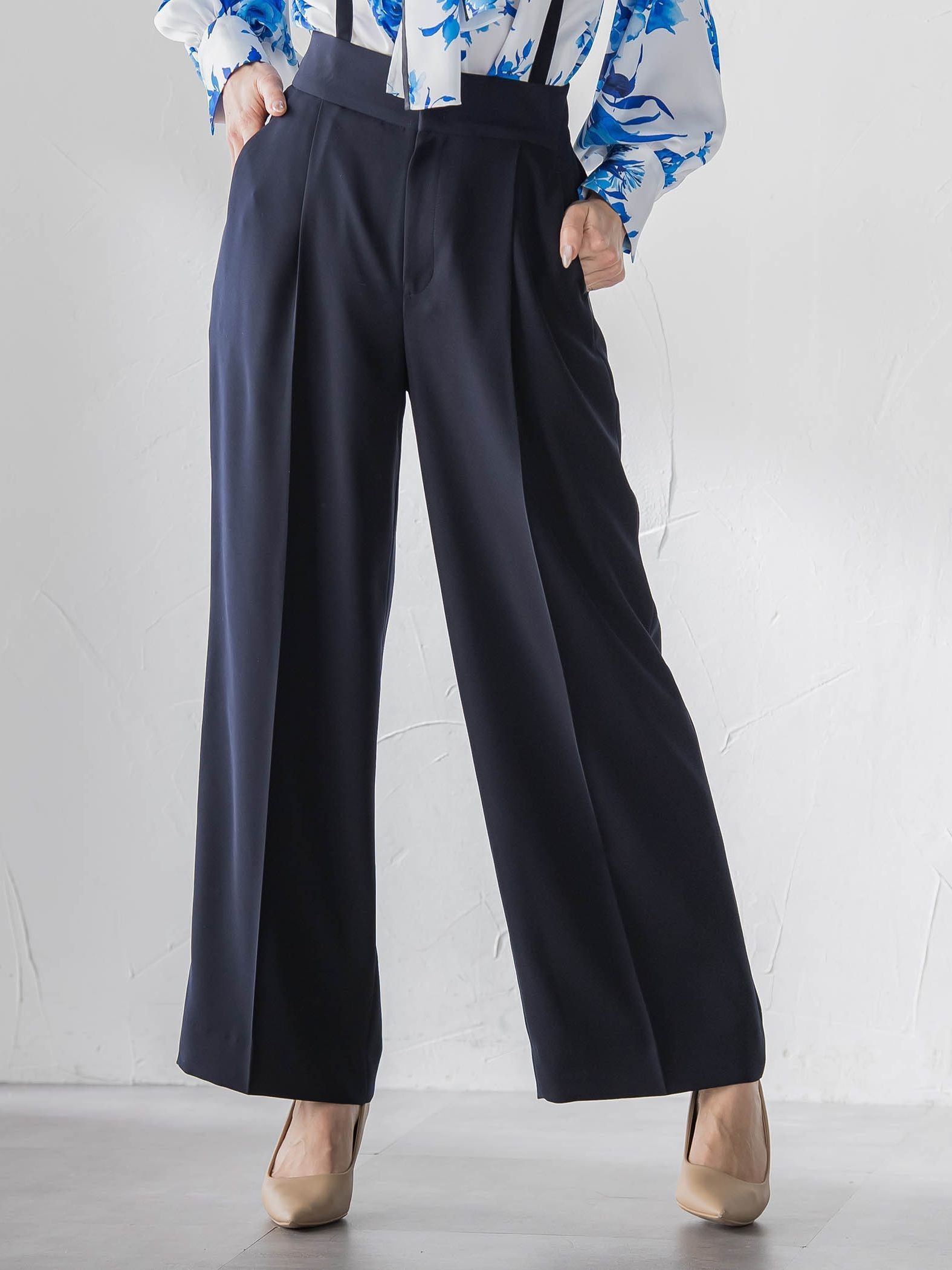 サスペンダー付きダブルサテンパンツ