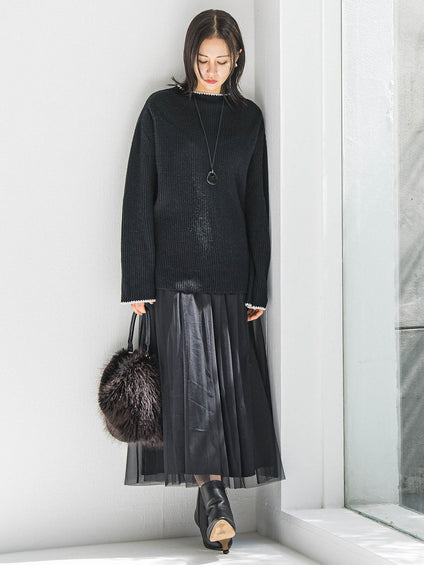 刺繍トリムハイネックニット≪洗える≫