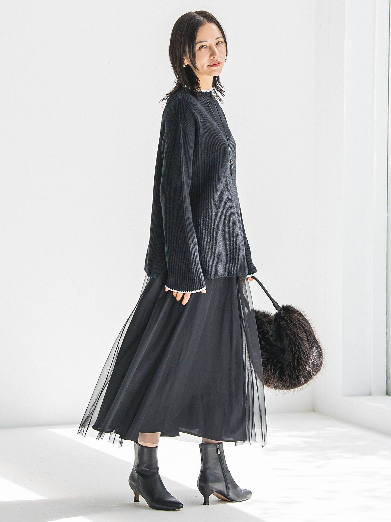 刺繍トリムハイネックニット≪洗える≫