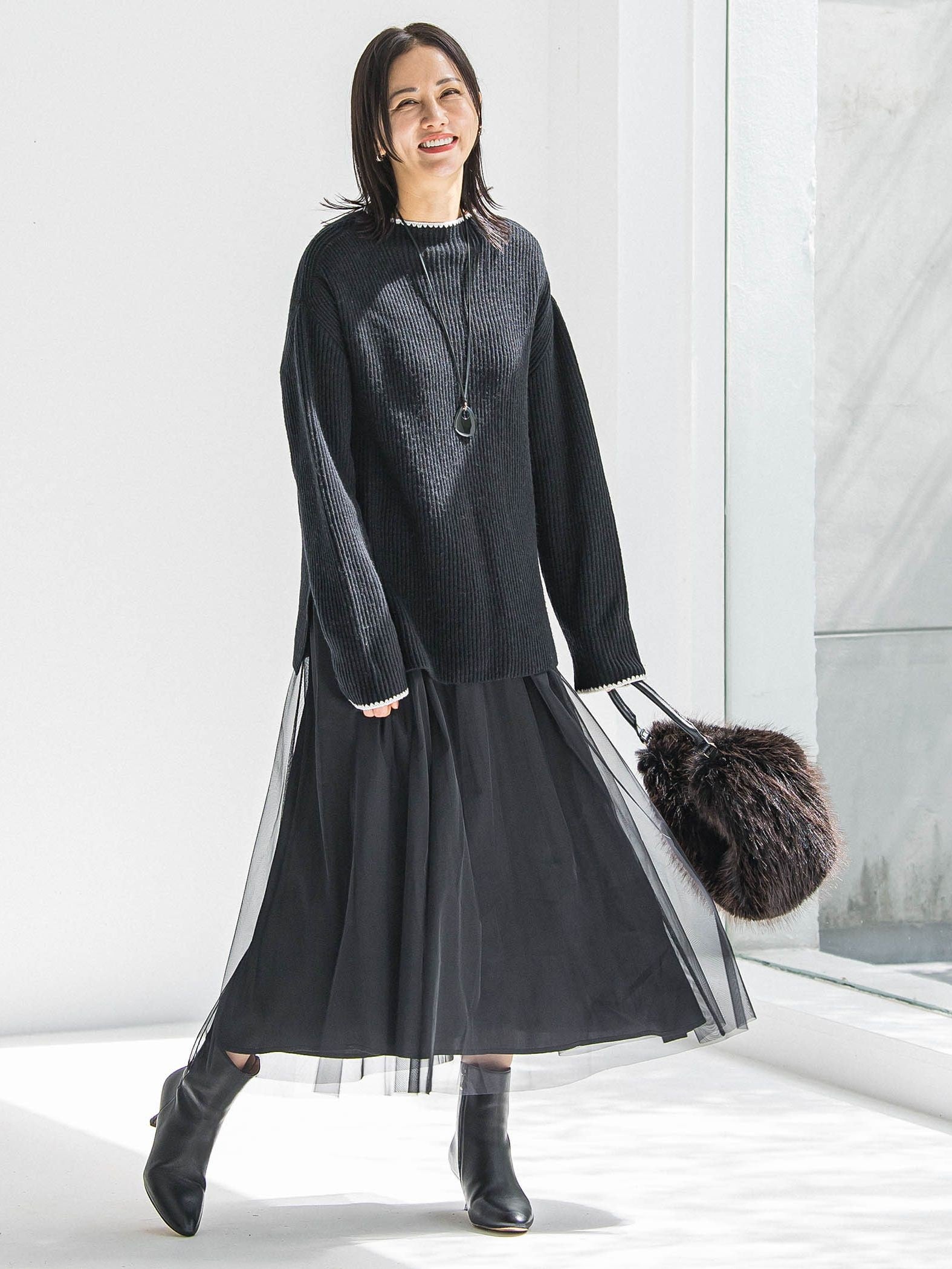 刺繍トリムハイネックニット≪洗える≫