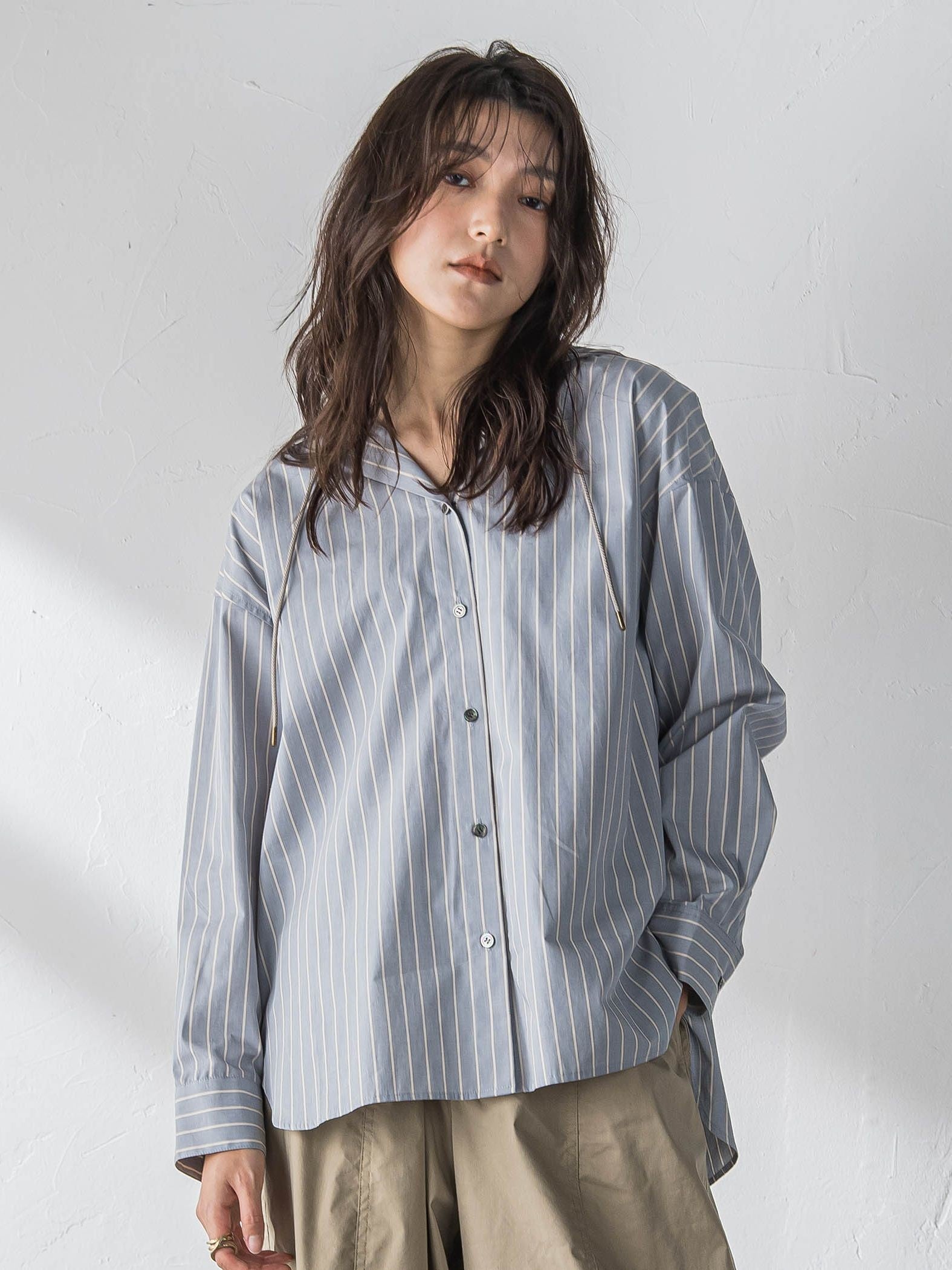 ストライプフーディオーバーシャツ≪手洗い可能≫