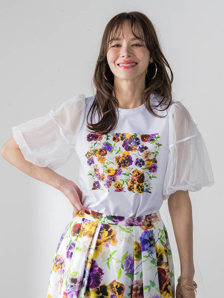 【KEITA KAWASAKI × Viaggio Bluコラボ】袖チュールプリントTシャツ