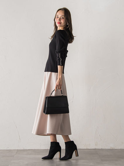 袖フリルパールリブニット