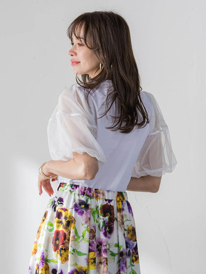 【KEITA KAWASAKI × Viaggio Bluコラボ】袖チュールプリントTシャツ