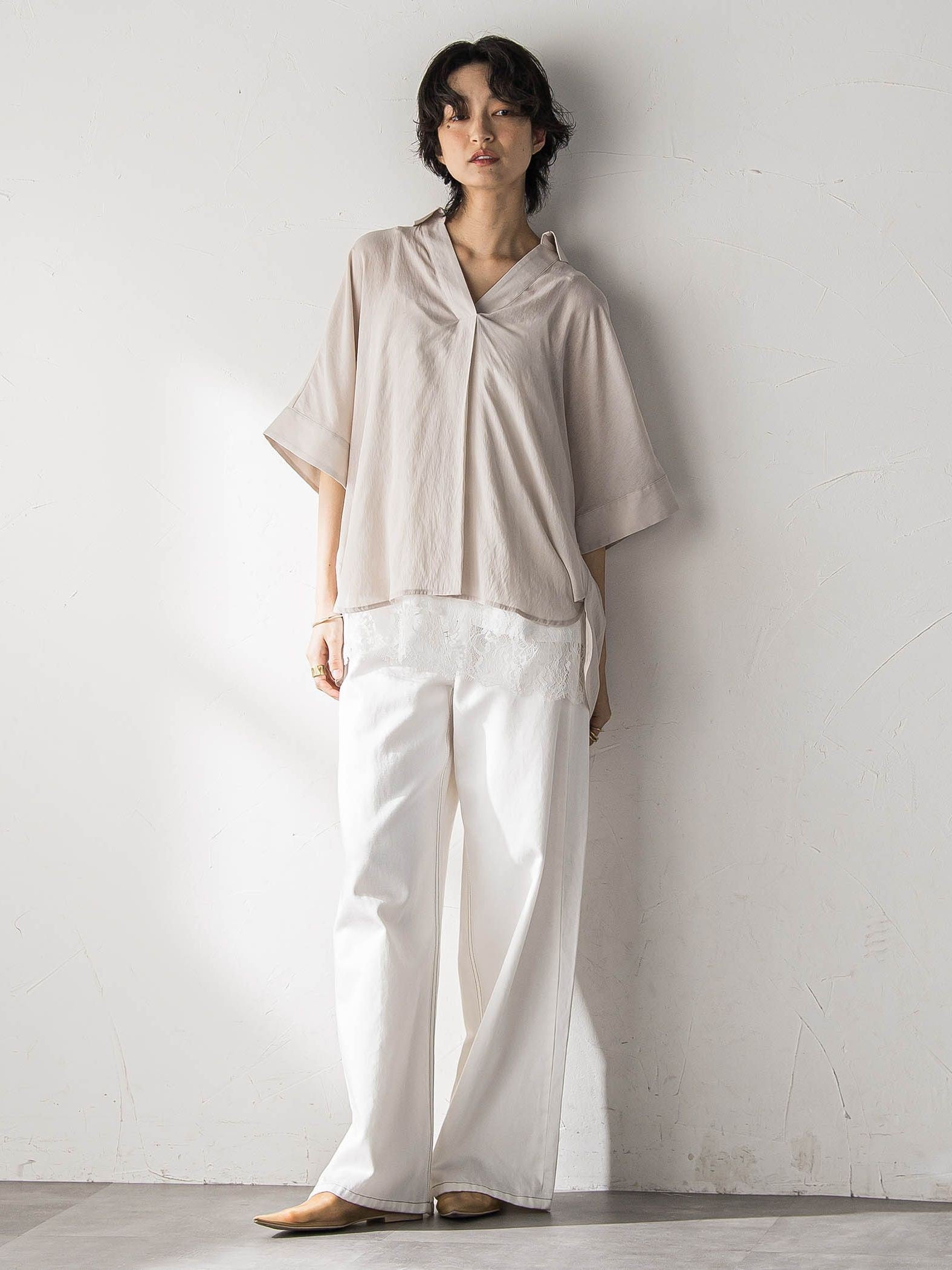 麻調シアーBACKタックスキッパーブラウス