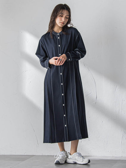 配色ステッチシャンブレーサイドプリーツワンピース≪手洗い可能≫