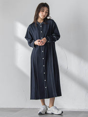 配色ステッチシャンブレーサイドプリーツワンピース≪手洗い可能≫